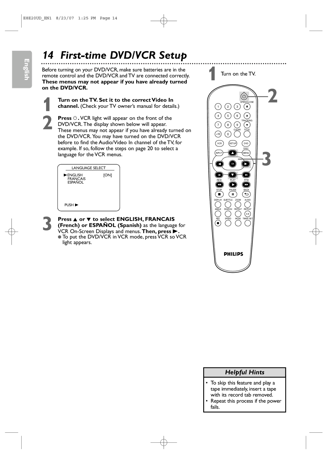 Philips DVP3345V/17 user manual First-time DVD/VCR Setup 