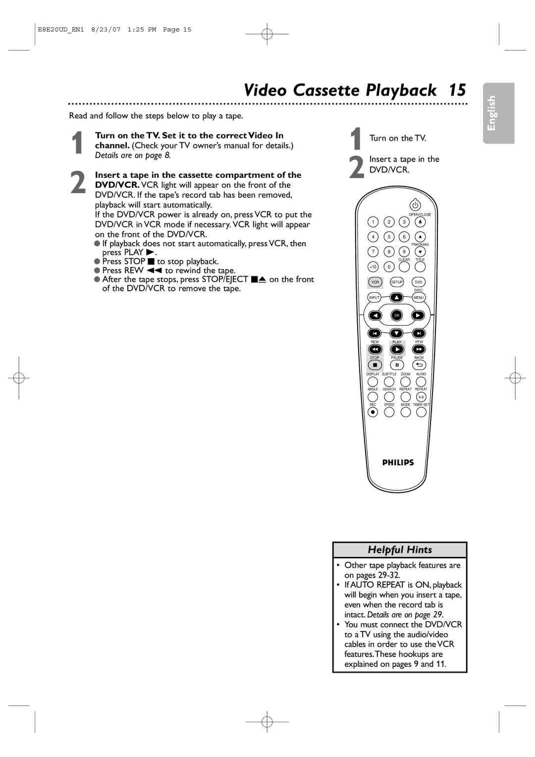 Philips DVP3345V/17 user manual Video Cassette Playback, Read and follow the steps below to play a tape 