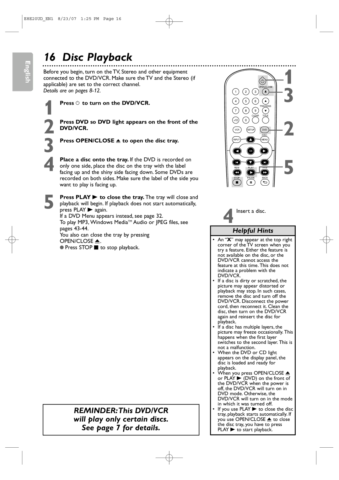 Philips DVP3345V/17 user manual Disc Playback, Press y to turn on the DVD/VCR, Press DVD so DVD light appears on the front 