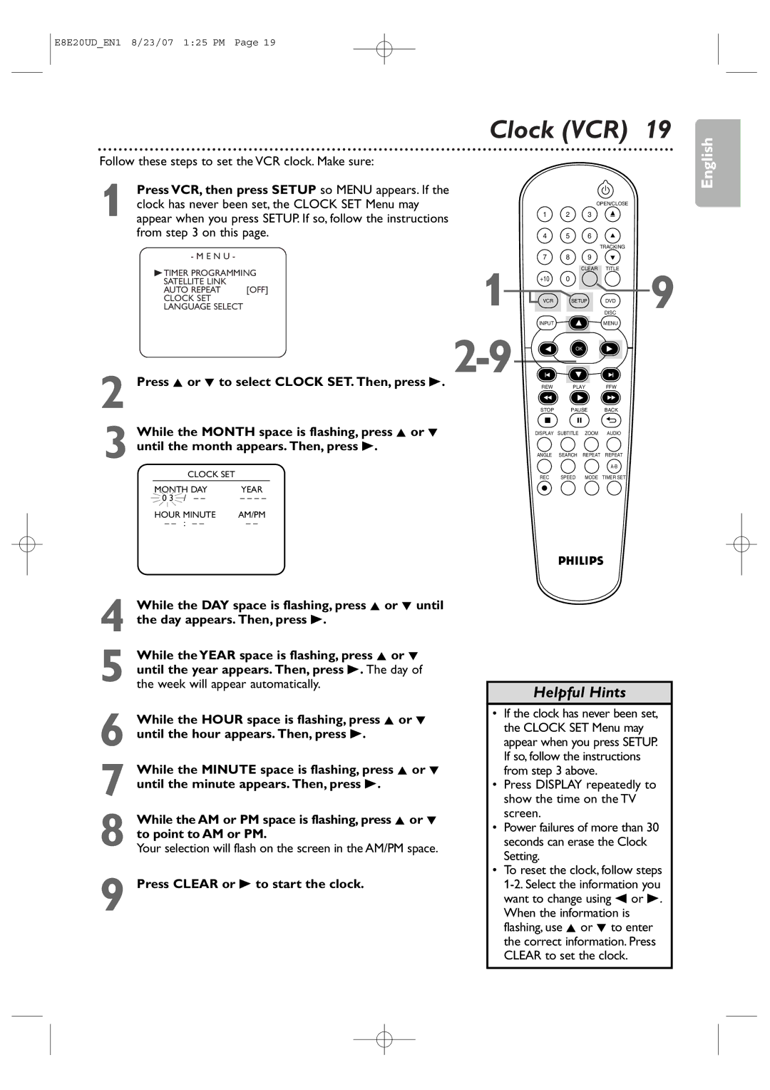 Philips DVP3345V/17 Clock VCR, Follow these steps to set the VCR clock. Make sure, Press Clear or B to start the clock 