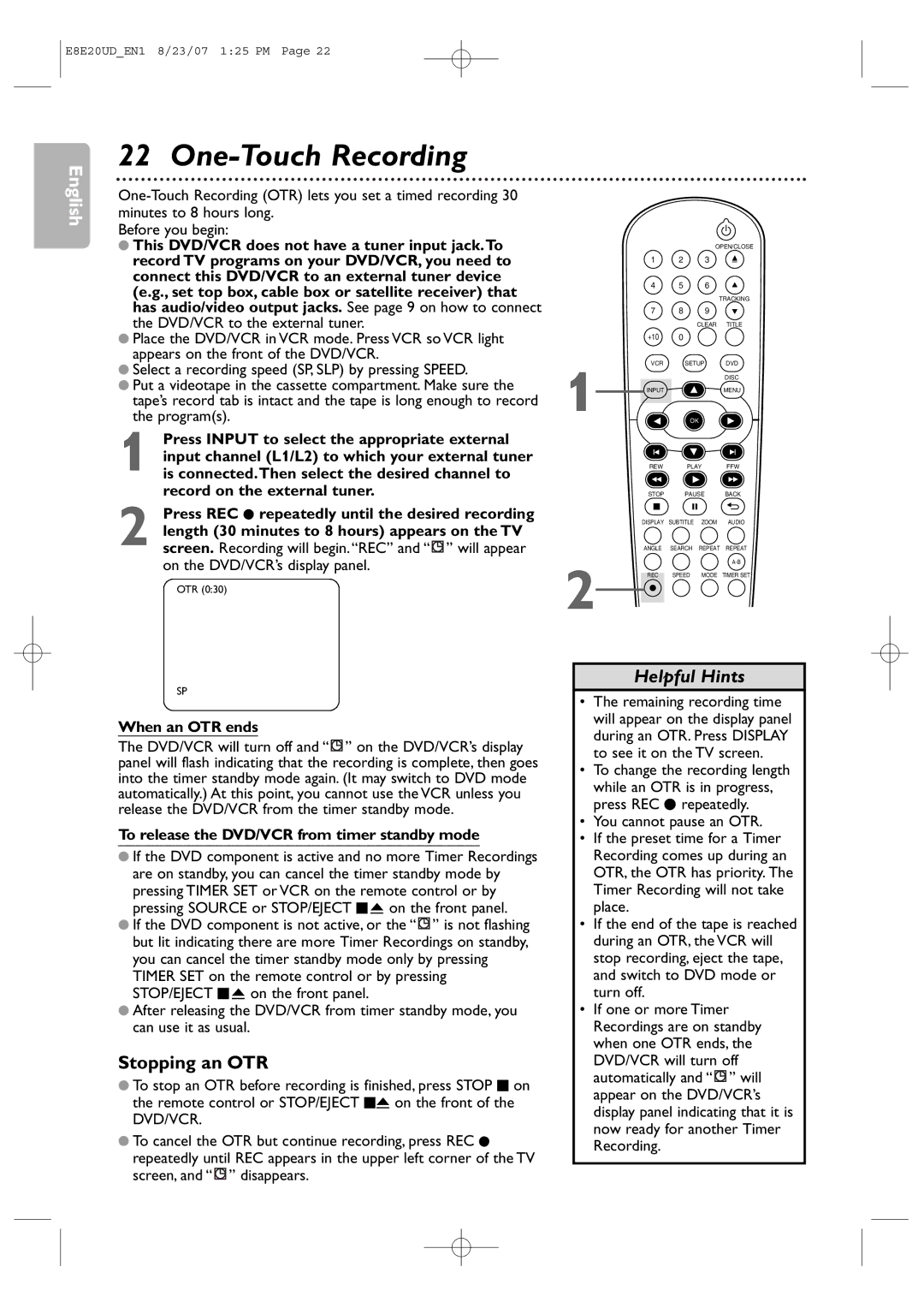 Philips DVP3345V/17 user manual One-Touch Recording, Stopping an OTR 