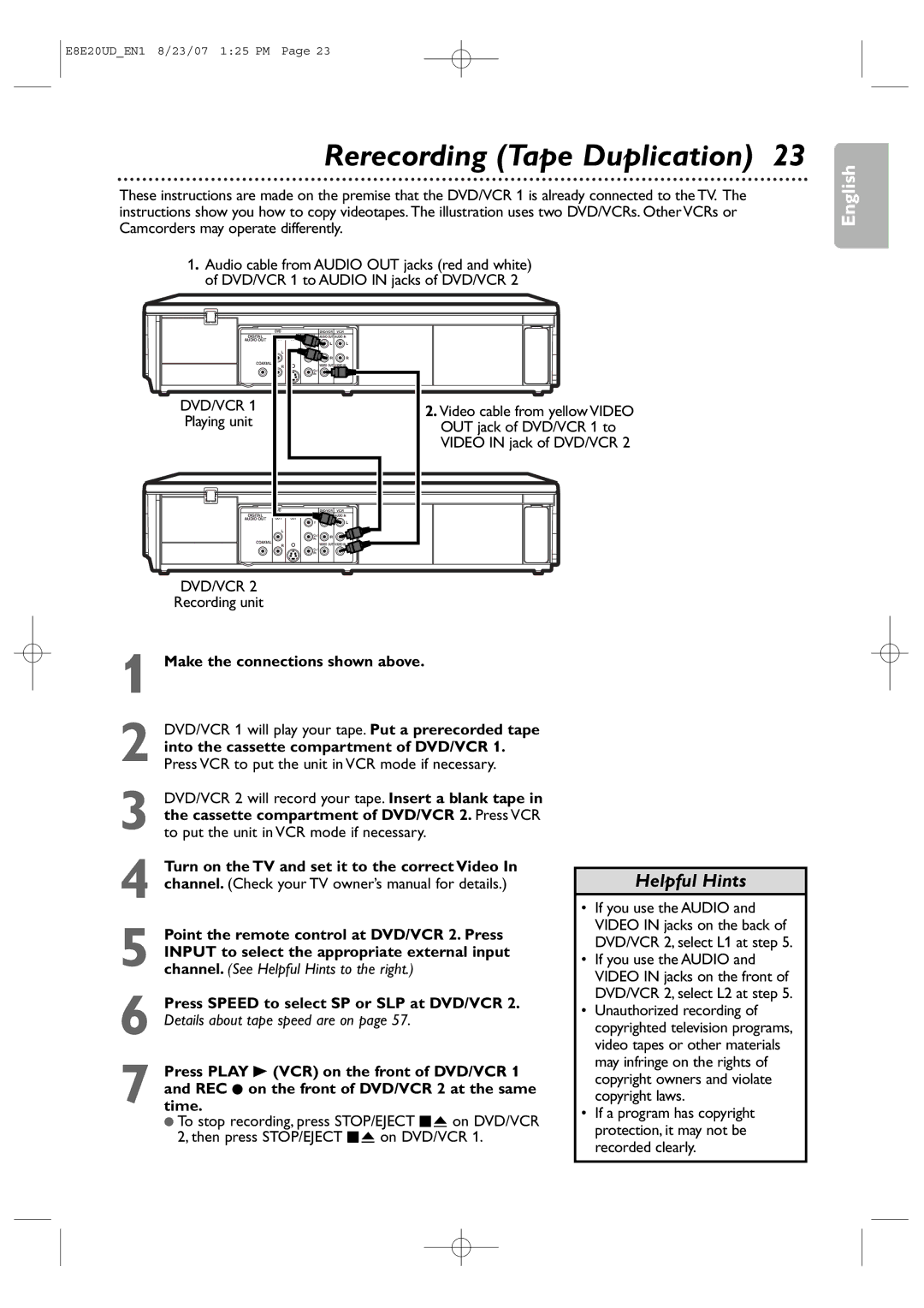 Philips DVP3345V/17 Rerecording Tape Duplication, Recording unit, Make the connections shown above, Playing unit 