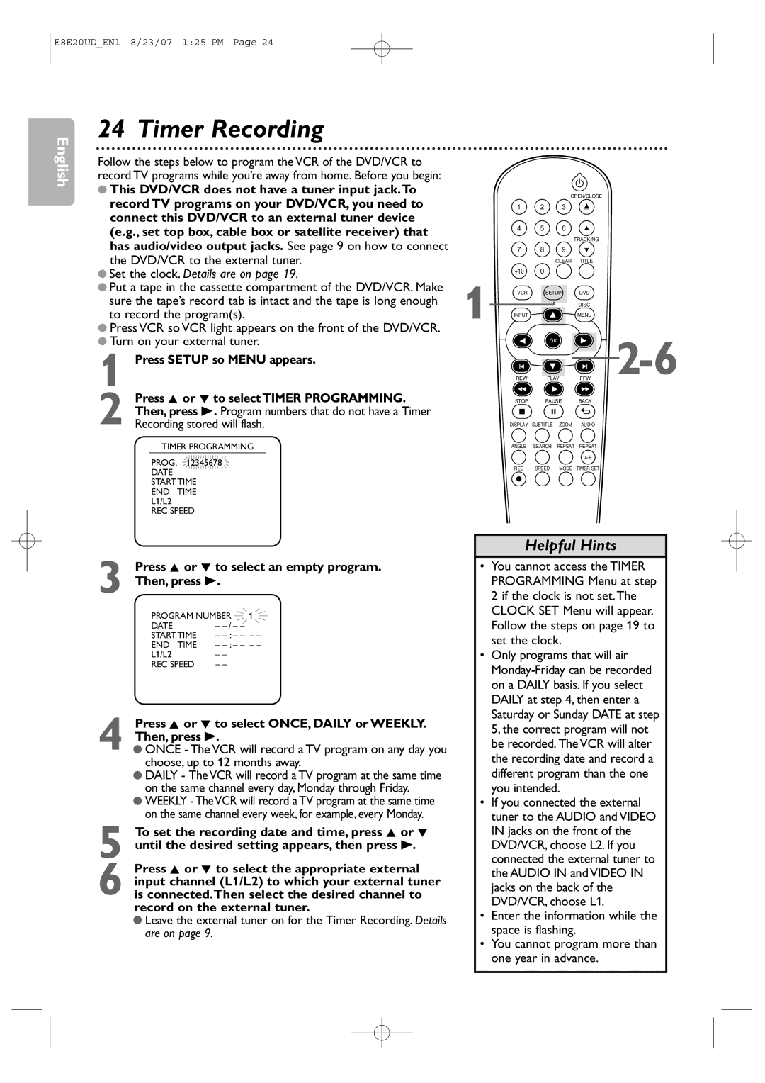 Philips DVP3345V/17 Timer Recording, Press Setup so Menu appears, Press K or L to select Timer Programming, Then, press B 