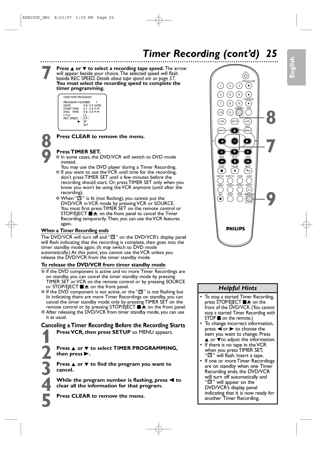 Philips DVP3345V/17 Timer Recording cont’d, Press Clear to remove the menu Press Timer SET, When a Timer Recording ends 