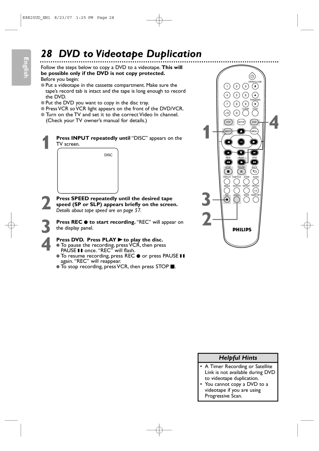 Philips DVP3345V/17 user manual DVD to Videotape Duplication, Press Input repeatedly until Disc appears on, TV screen 