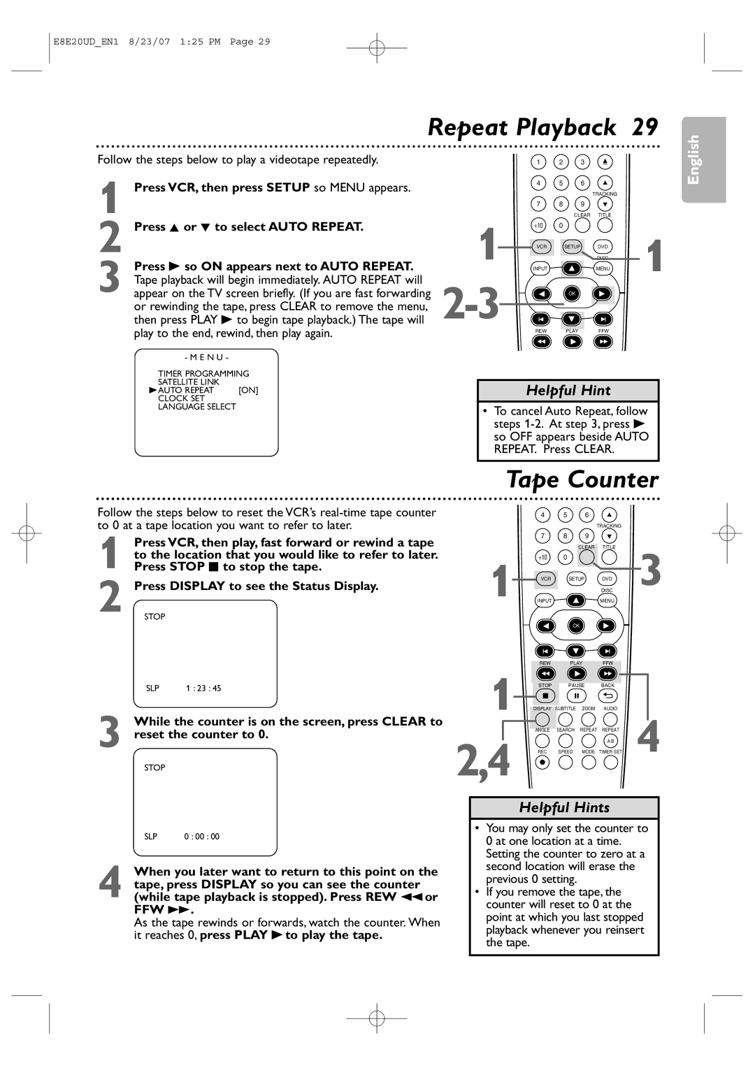 Philips DVP3345V/17 user manual Repeat Playback, Tape Counter 