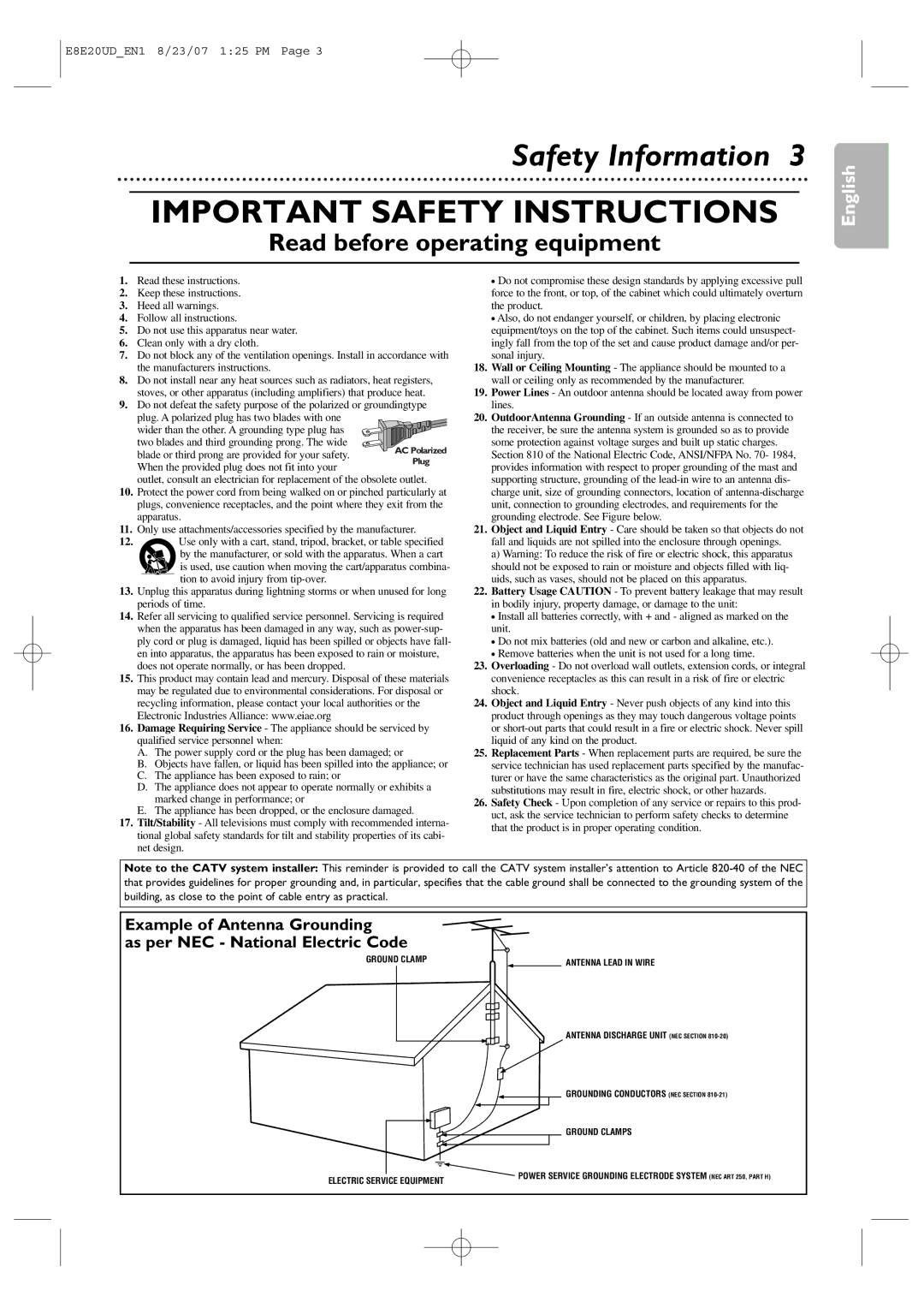 Philips DVP3345V/17 user manual Important Safety Instructions, Safety Information 