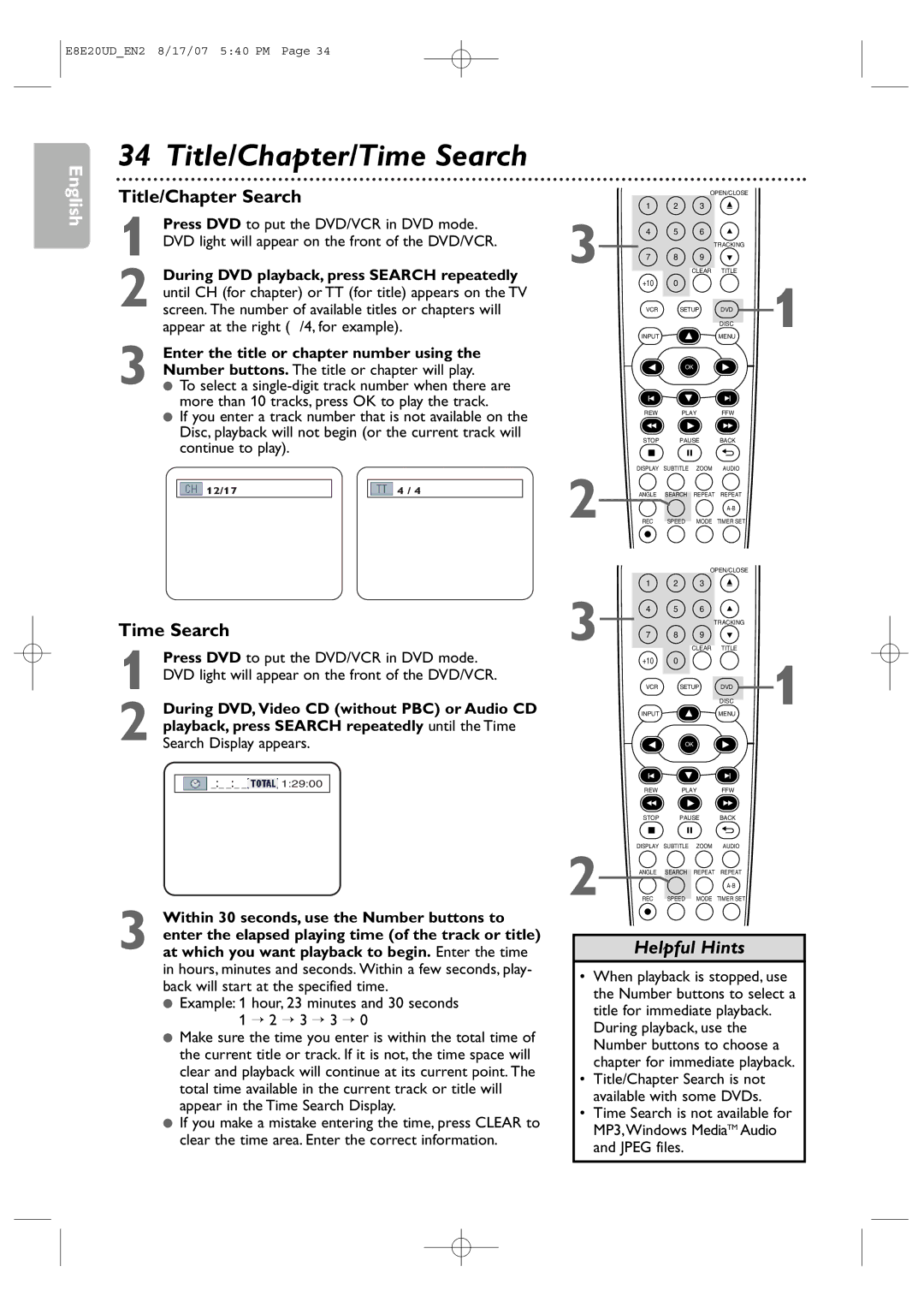 Philips DVP3345V/17 user manual Title/Chapter/Time Search, Title/Chapter Search 