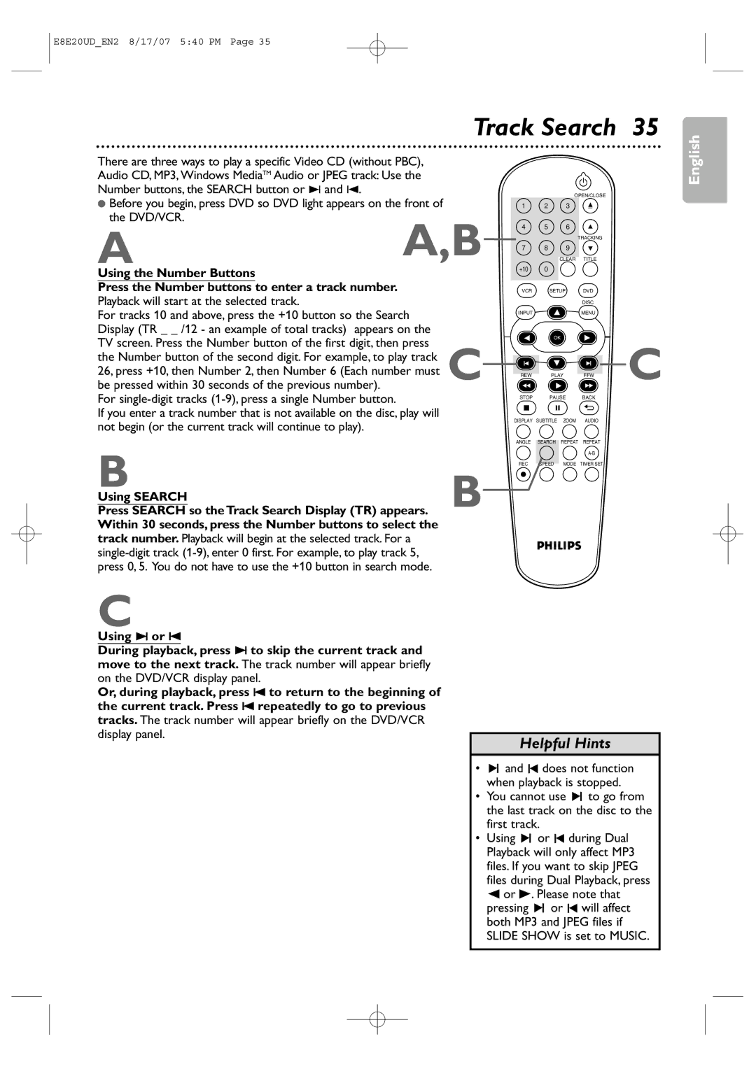 Philips DVP3345V/17 user manual Using Search, Press Search so the Track Search Display TR appears 