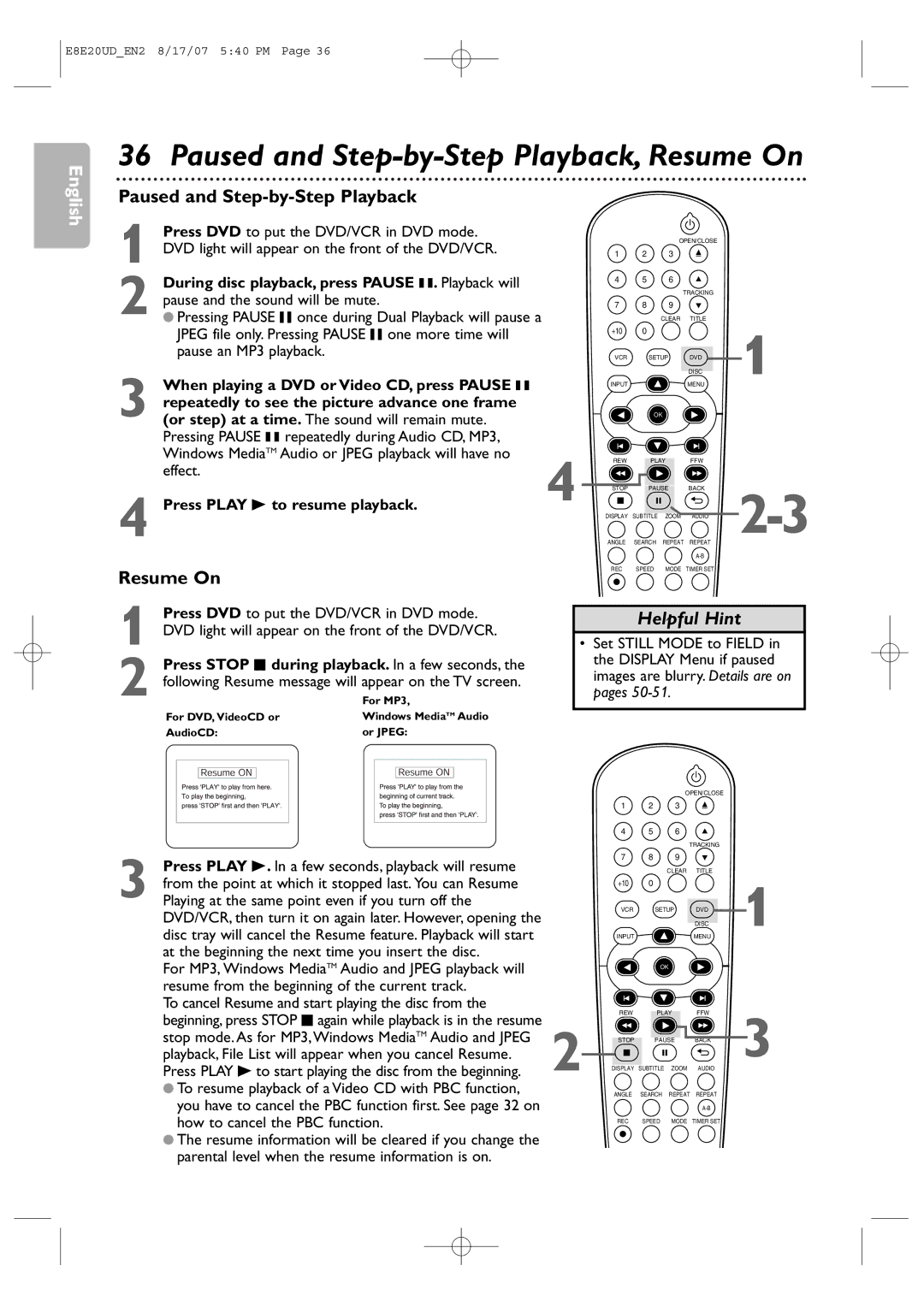 Philips DVP3345V/17 user manual Paused and Step-by-Step Playback, Resume On 