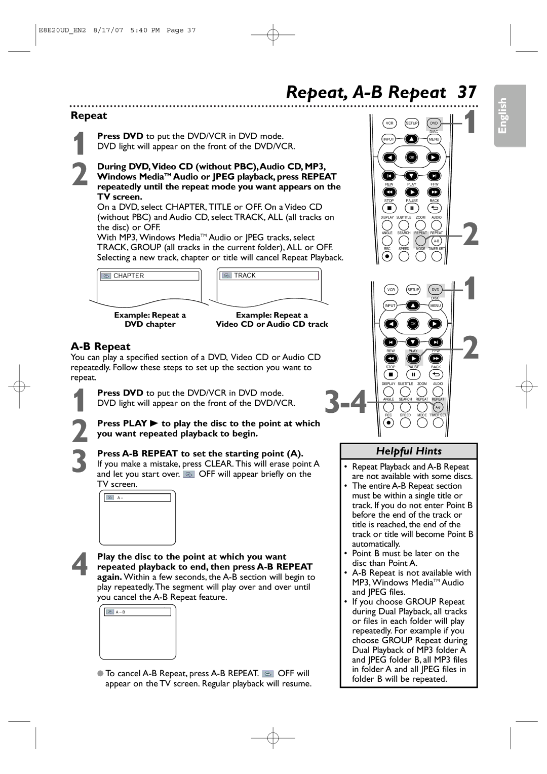 Philips DVP3345V/17 user manual Repeat, A-B Repeat, Let you start over OFF will appear briefly on 