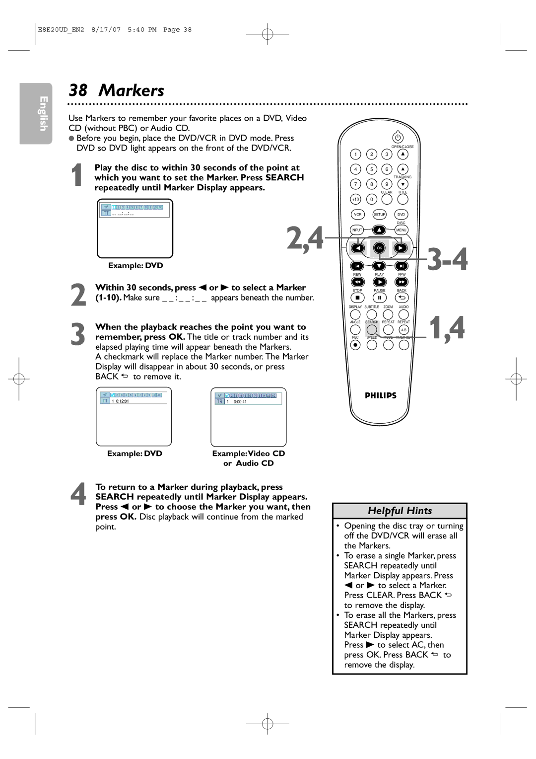 Philips DVP3345V/17 user manual Markers, Within 30 seconds, press s or B to select a Marker, Example DVD 