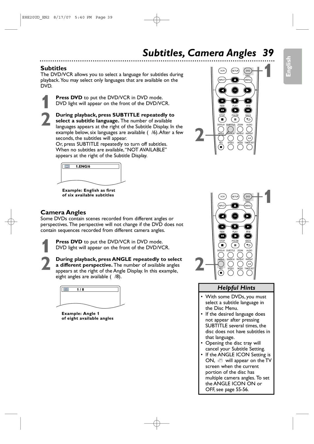 Philips DVP3345V/17 user manual Subtitles, Camera Angles, During playback, press Subtitle repeatedly to 