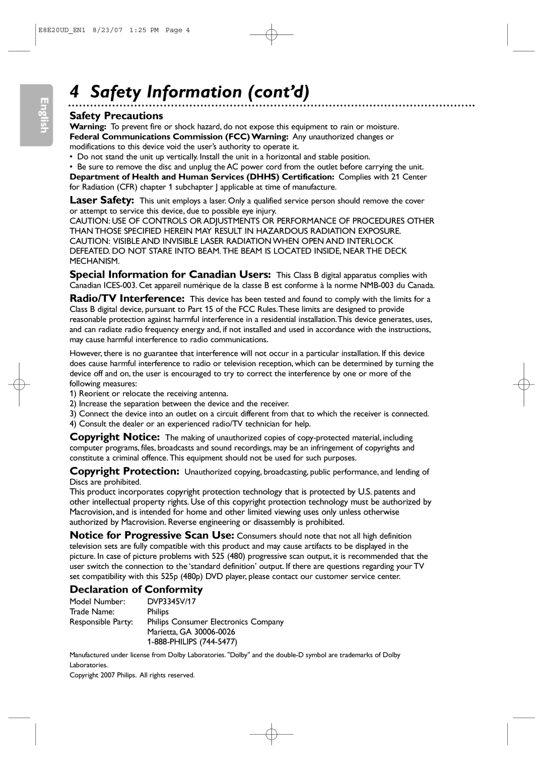 Philips DVP3345V/17 user manual Safety Information cont’d, Safety Precautions, Declaration of Conformity, Marietta, GA 
