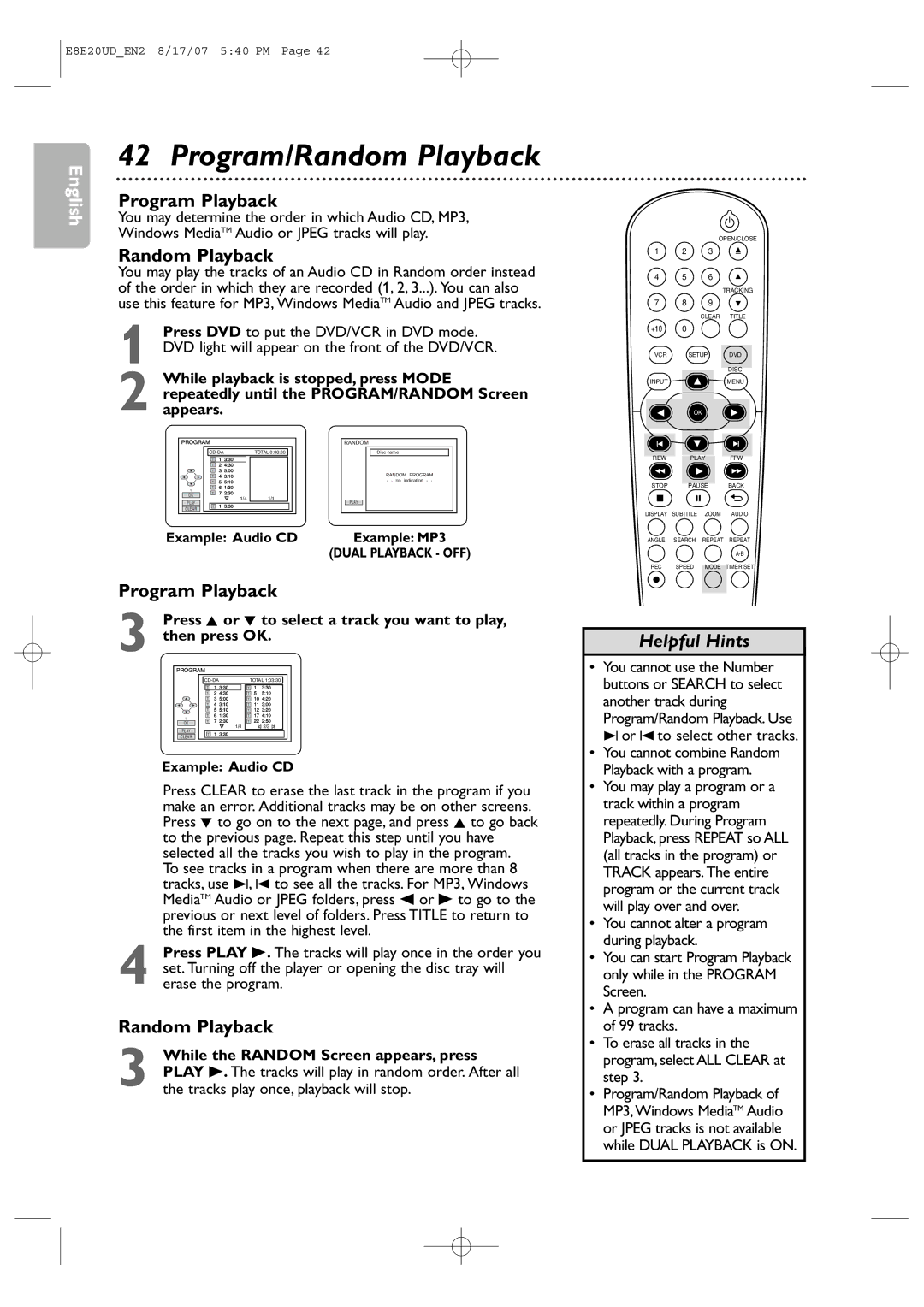 Philips DVP3345V/17 user manual Program/Random Playback, Program Playback, Example Audio CD, Example MP3 