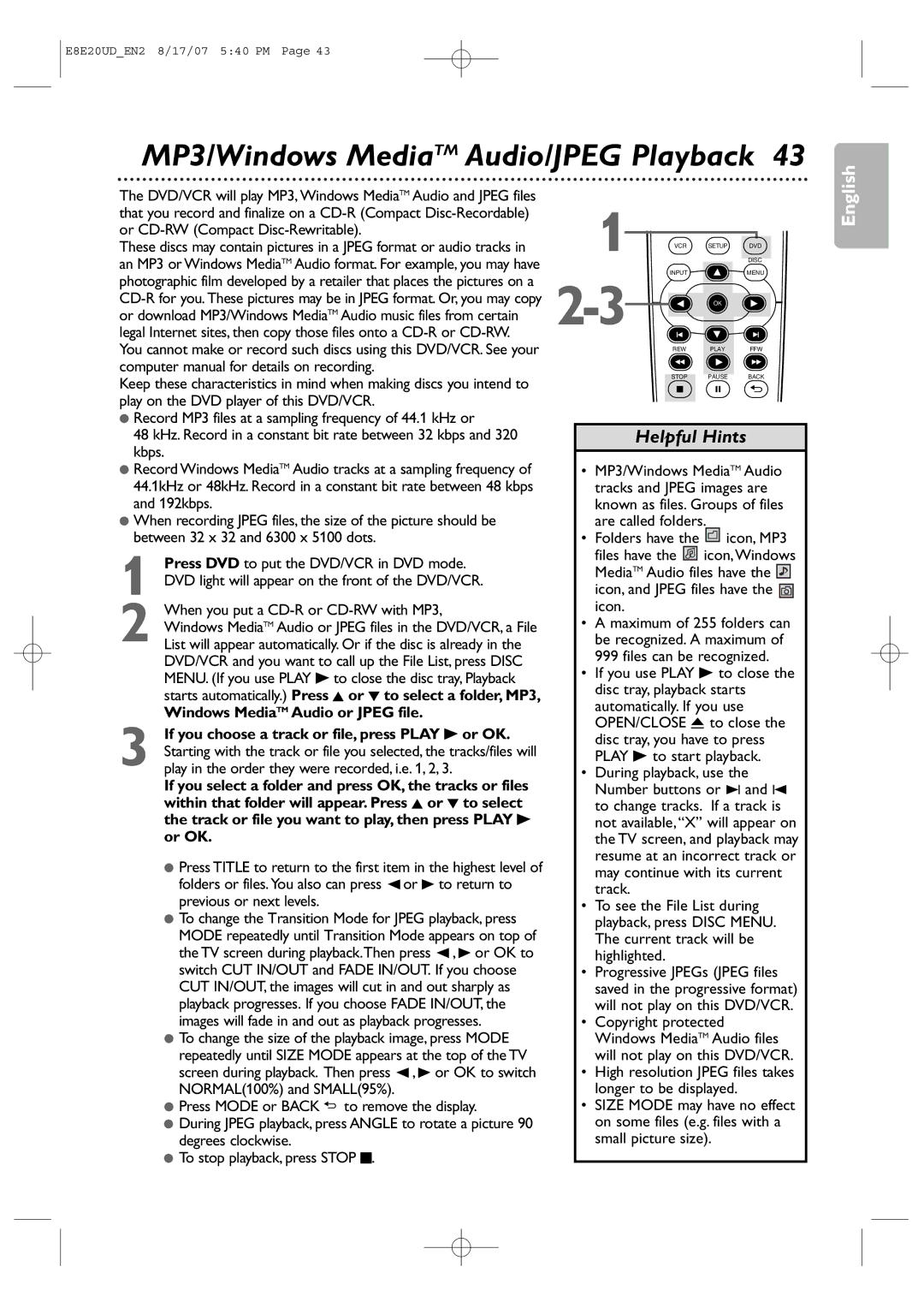 Philips DVP3345V/17 user manual MP3/Windows MediaTM Audio/JPEG Playback, Windows MediaTM Audio or Jpeg file 