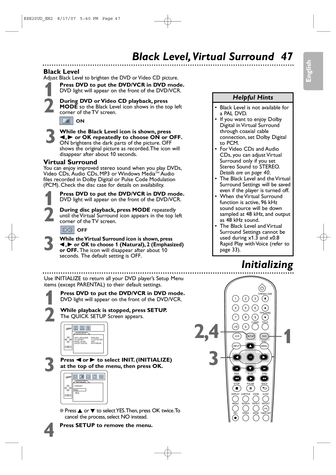 Philips DVP3345V/17 user manual Black Level,Virtual Surround, Initializing 
