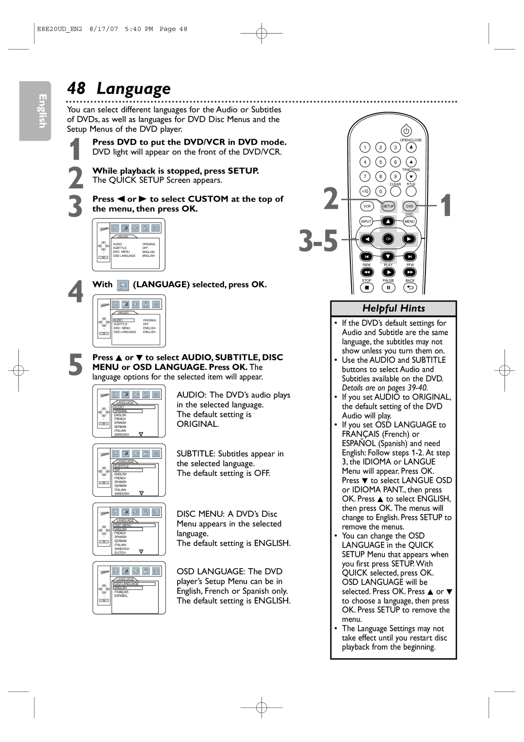 Philips DVP3345V/17 user manual Language, With 