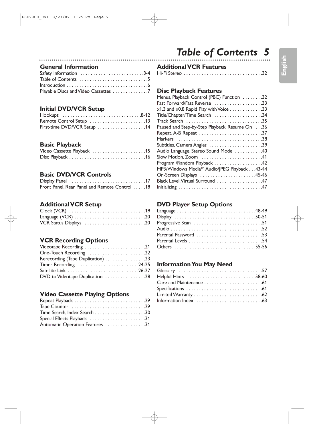 Philips DVP3345V/17 user manual Table of Contents 