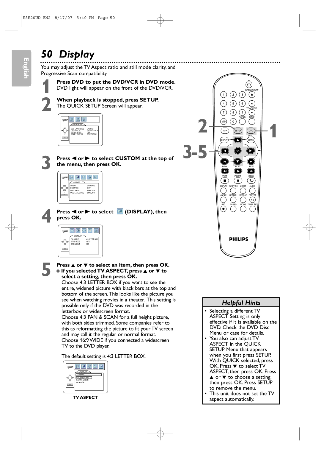 Philips DVP3345V/17 Display, Press s or B to select DISPLAY, then Press OK, Press K or L to select an item, then press OK 