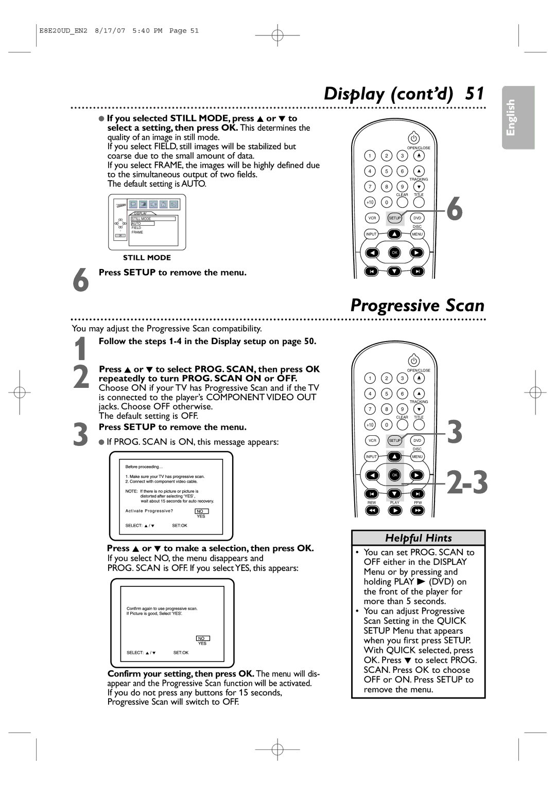 Philips DVP3345V/17 user manual Display cont’d 