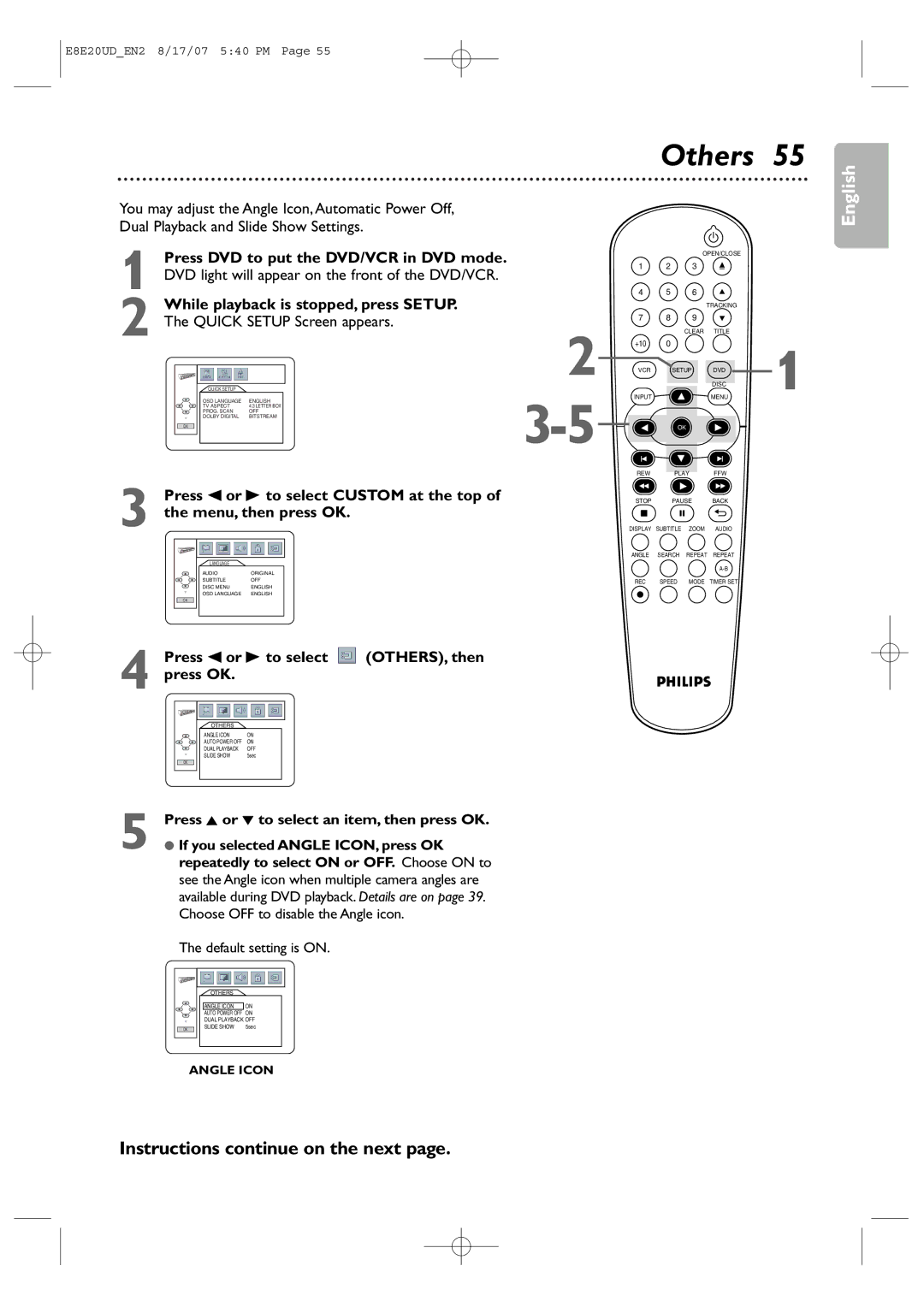 Philips DVP3345V/17 user manual Others, Instructions continue on the next, Press s or B to select OTHERS, then Press OK 