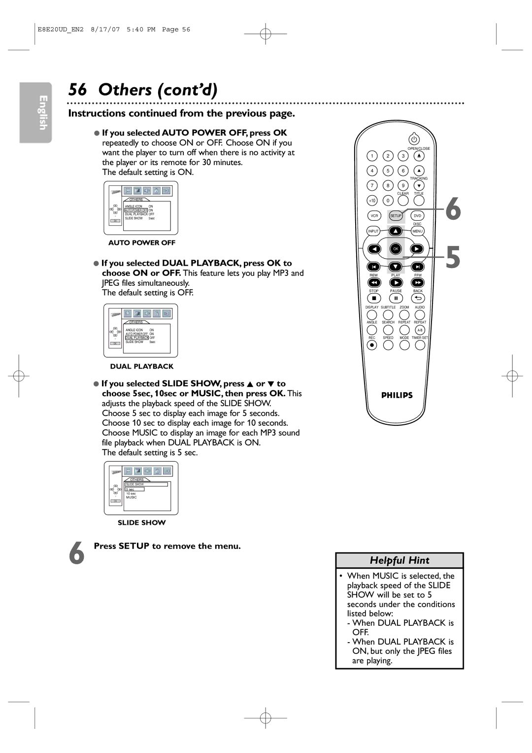 Philips DVP3345V/17 user manual Others cont’d, Instructions from the previous, Default setting is 5 sec 