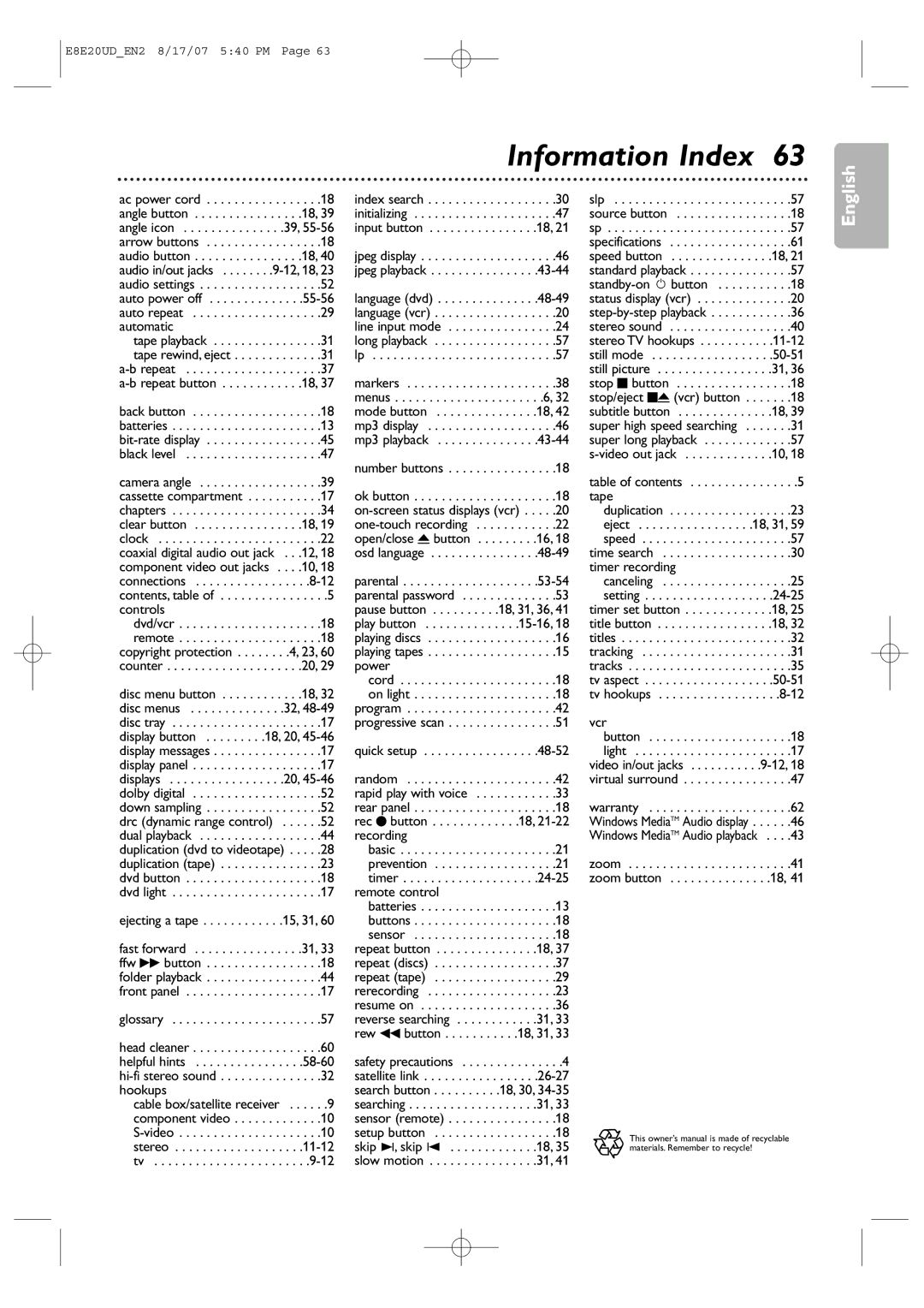 Philips DVP3345V/17 user manual Information Index 