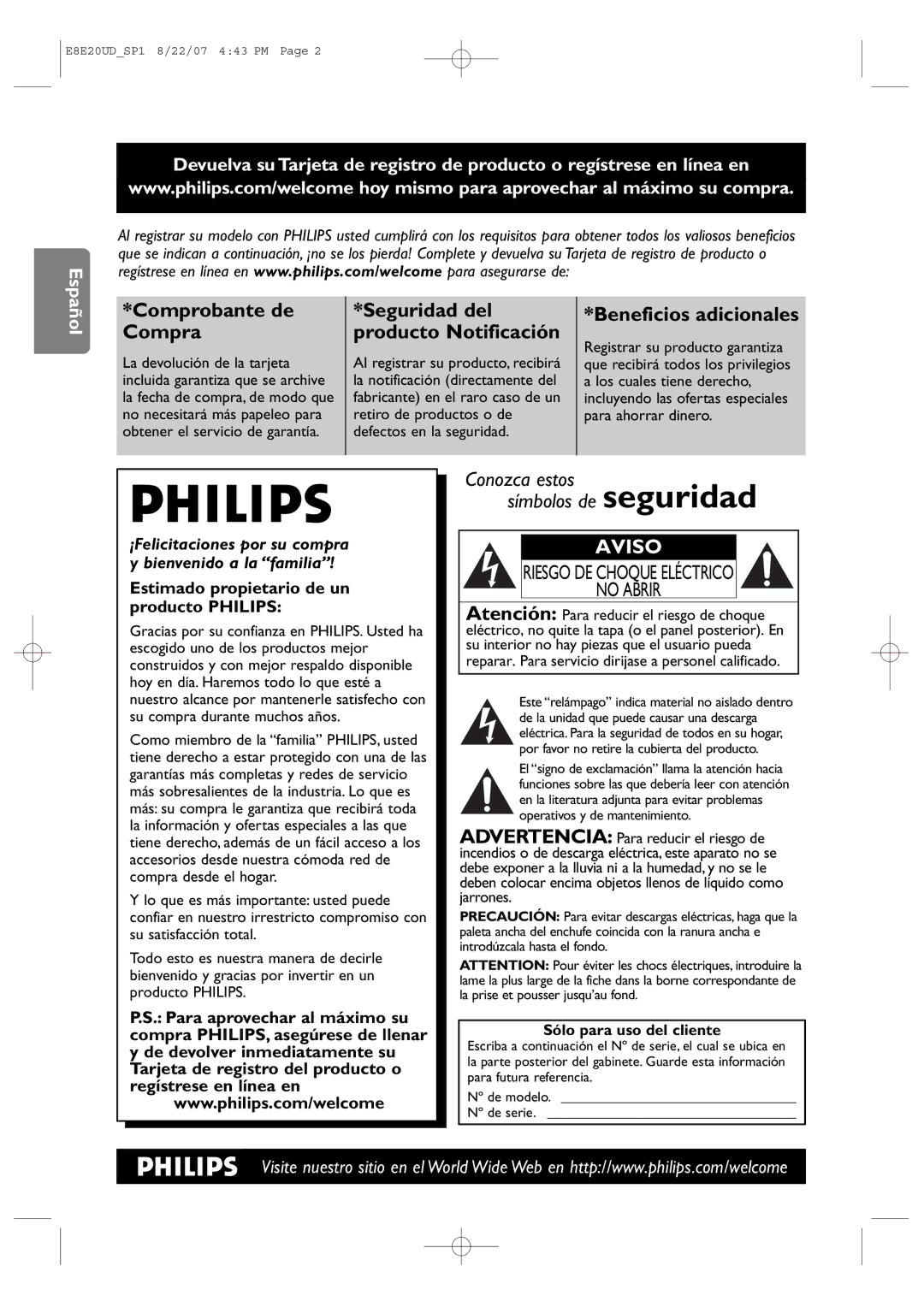 Philips DVP3345V/17 user manual Comprobante de Compra, Sólo para uso del cliente 