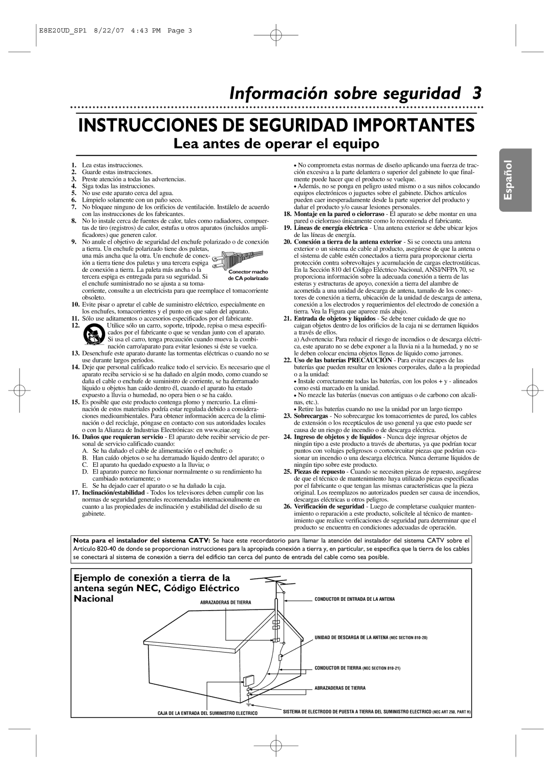 Philips DVP3345V/17 user manual Instrucciones DE Seguridad Importantes, Información sobre seguridad 