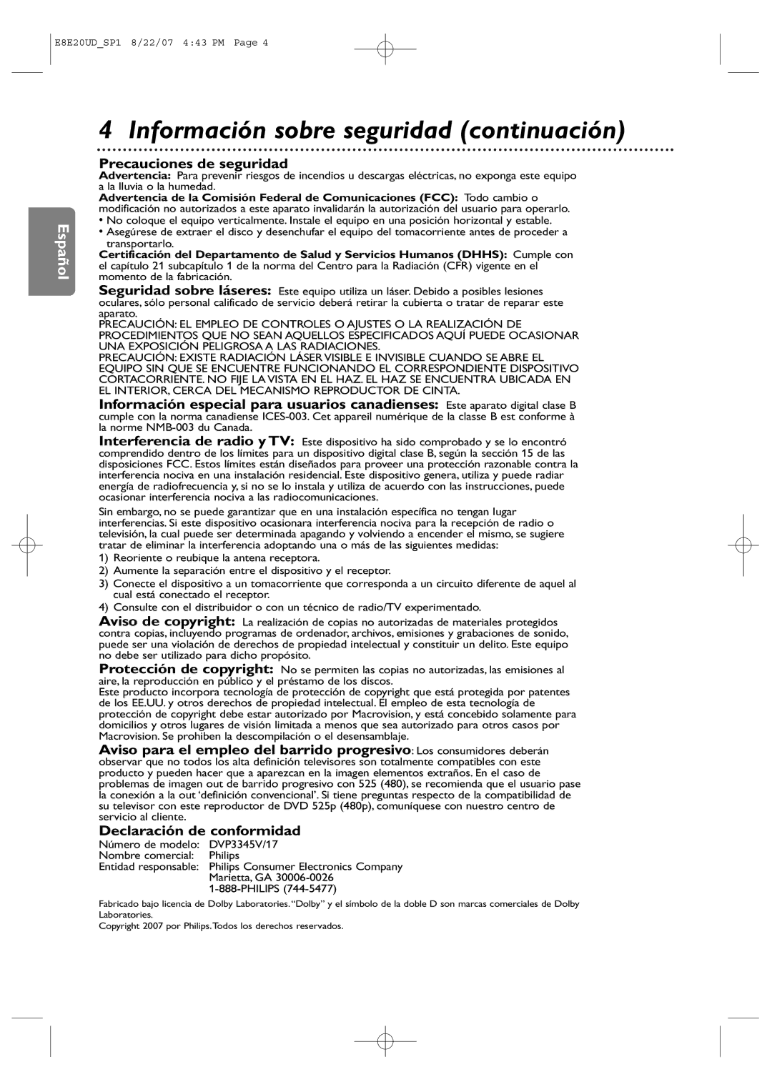 Philips DVP3345V/17 user manual Información sobre seguridad continuación, Precauciones de seguridad 