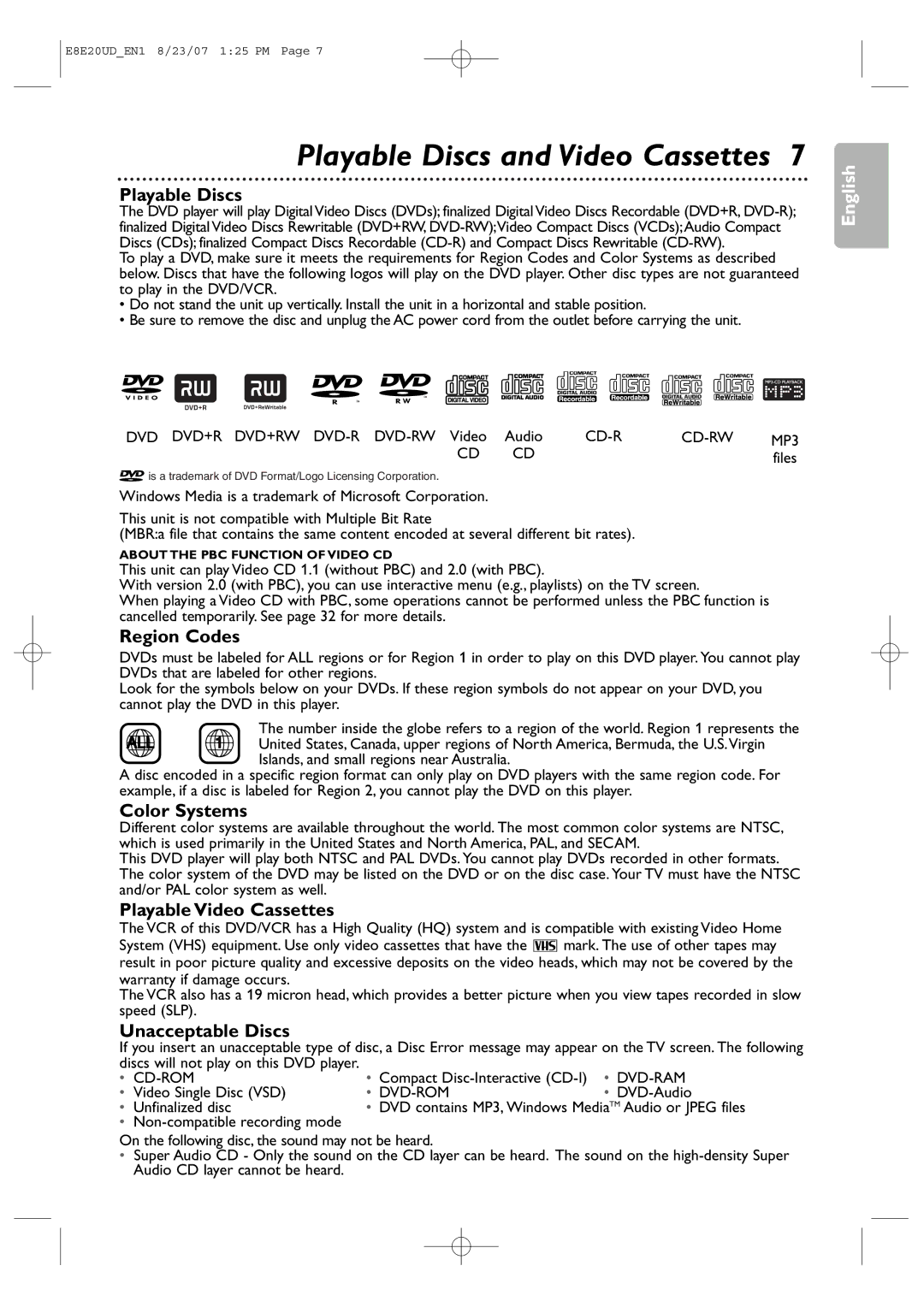 Philips DVP3345V/17 user manual Playable Discs and Video Cassettes 