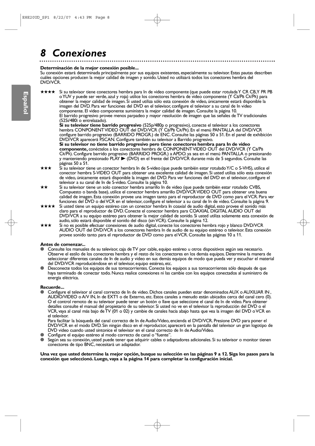 Philips DVP3345V/17 user manual Conexiones, Determinación de la mejor conexión posible, Antes de comenzar, Recuerde 