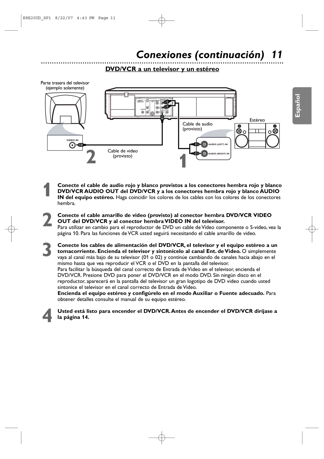 Philips DVP3345V/17 user manual DVD/VCR a un televisor y un estéreo, Parte trasera del televisor Ejemplo solamente, Estéreo 