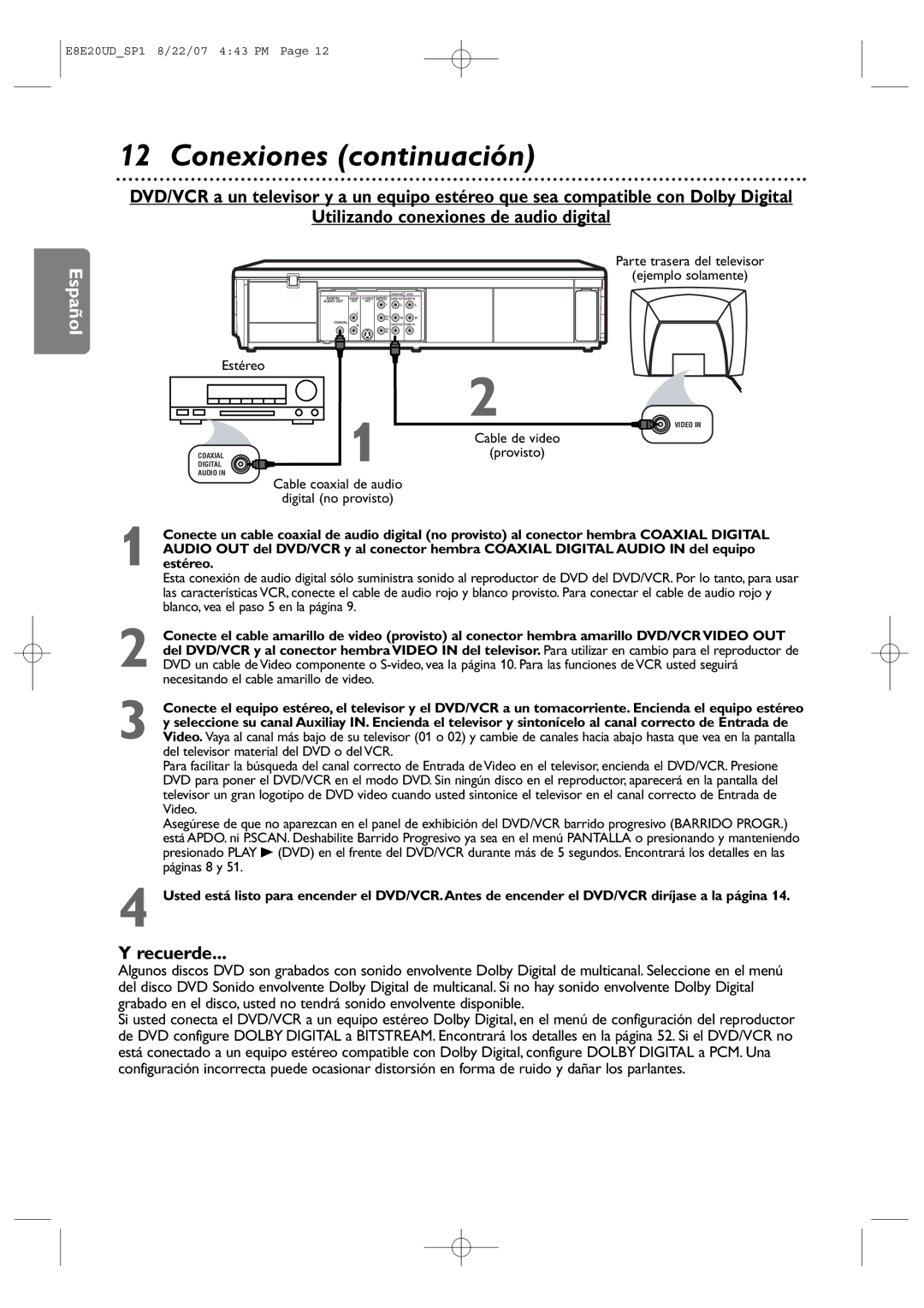 Philips DVP3345V/17 user manual Recuerde, Estéreo, Cable coaxial de audio Digital no provisto, Provisto 