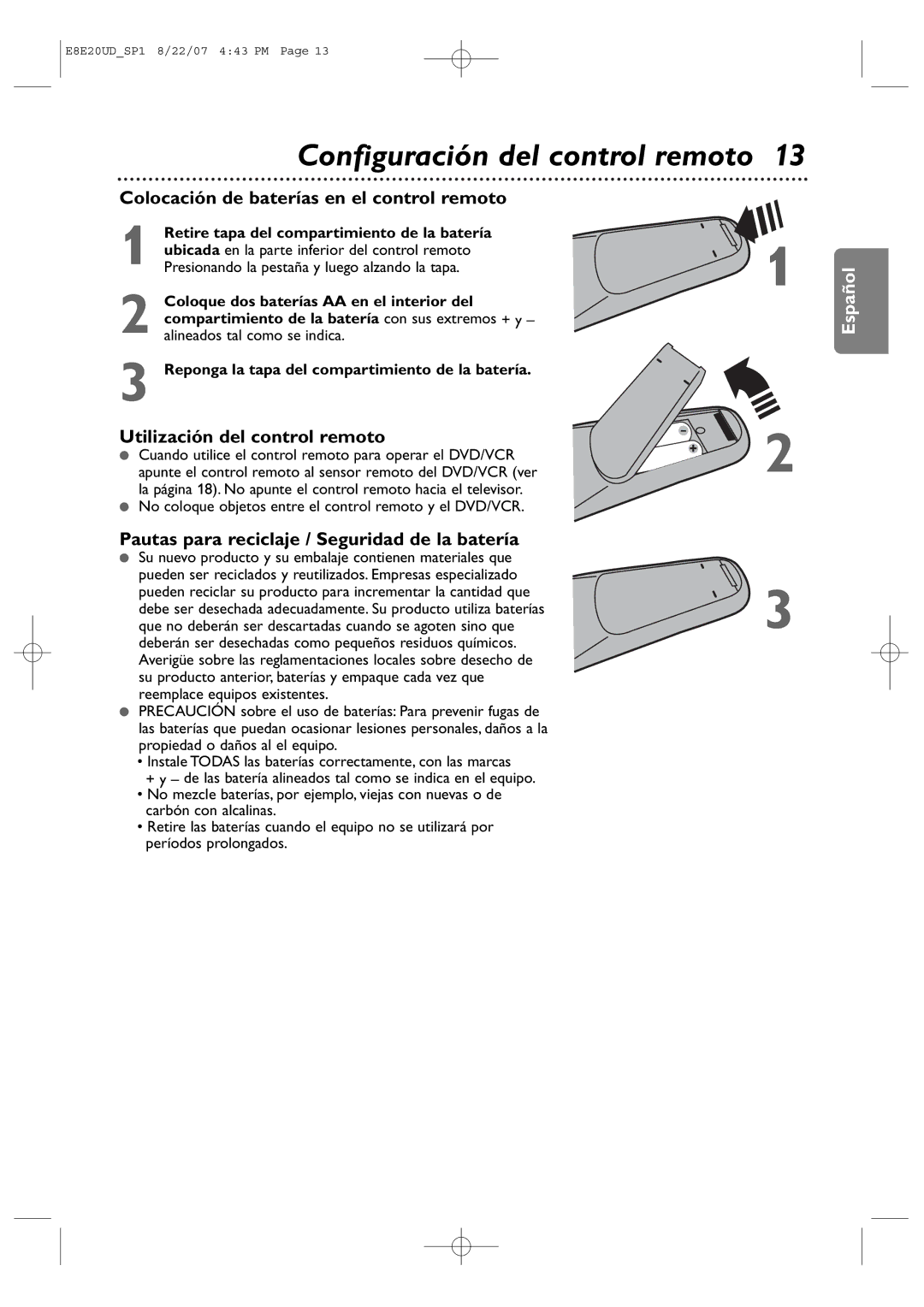 Philips DVP3345V/17 user manual Configuración del control remoto, Colocación de baterías en el control remoto 