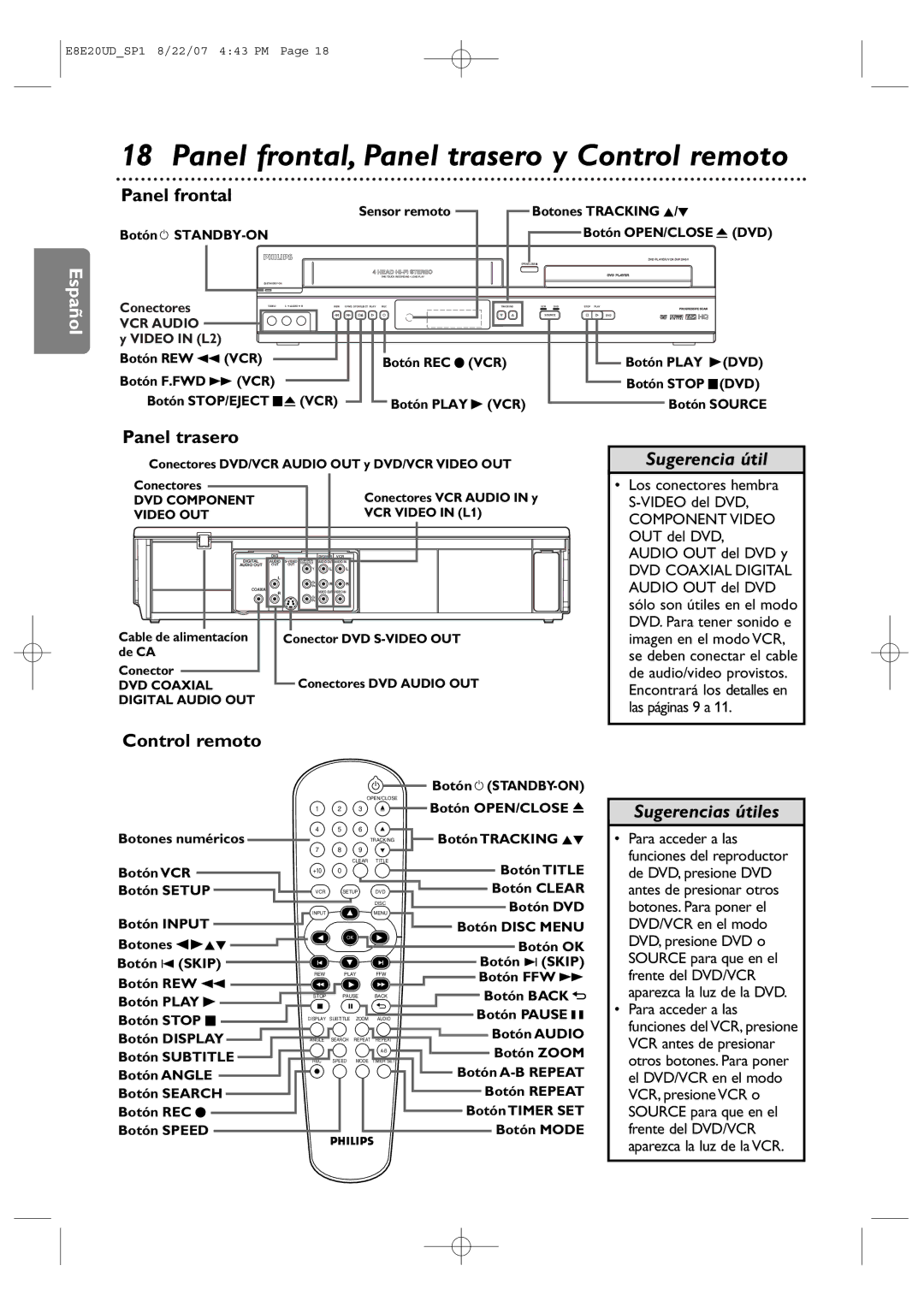 Philips DVP3345V/17 user manual Panel frontal, Panel trasero y Control remoto 