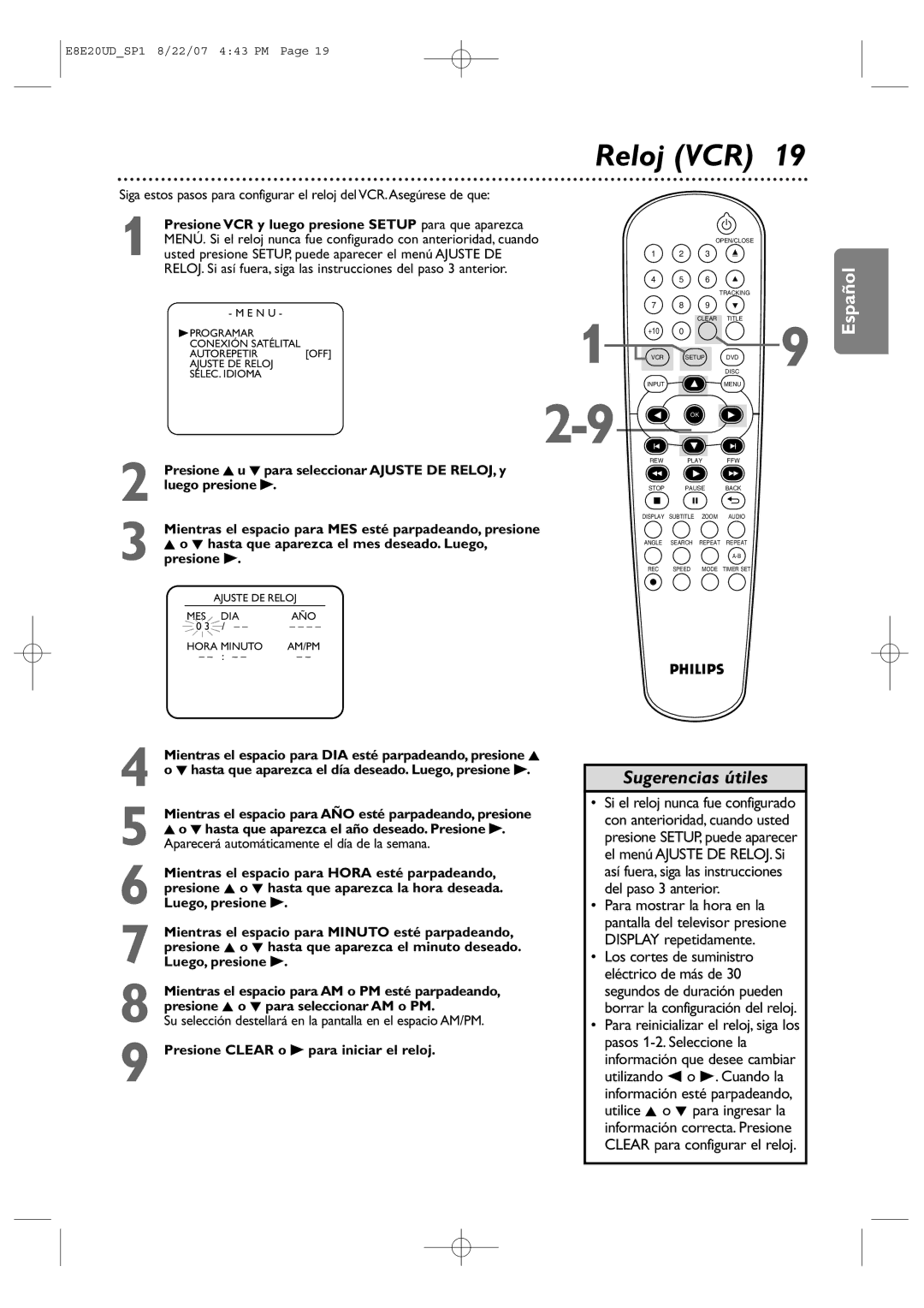 Philips DVP3345V/17 user manual Reloj VCR, Presione VCR y luego presione Setup para que aparezca 