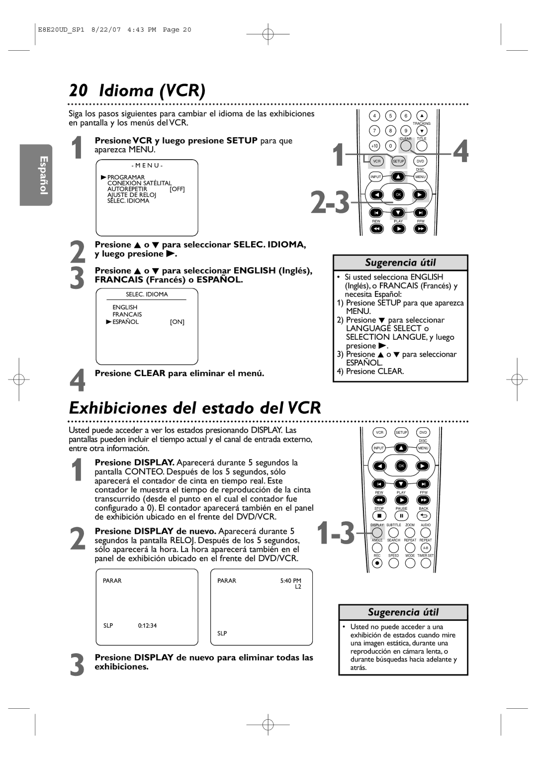 Philips DVP3345V/17 user manual Idioma VCR 