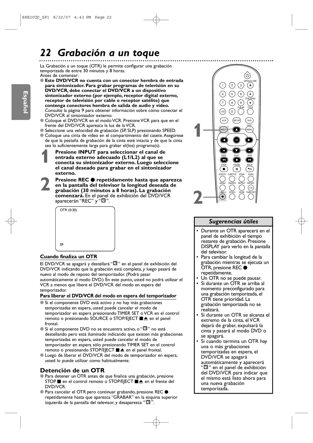 Philips DVP3345V/17 user manual Grabación a un toque, Detención de un OTR, Cuando finaliza un OTR 