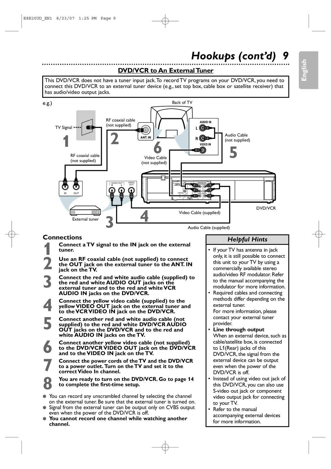 Philips DVP3345V/17 user manual Hookups cont’d, DVD/VCR to An External Tuner, Connections 