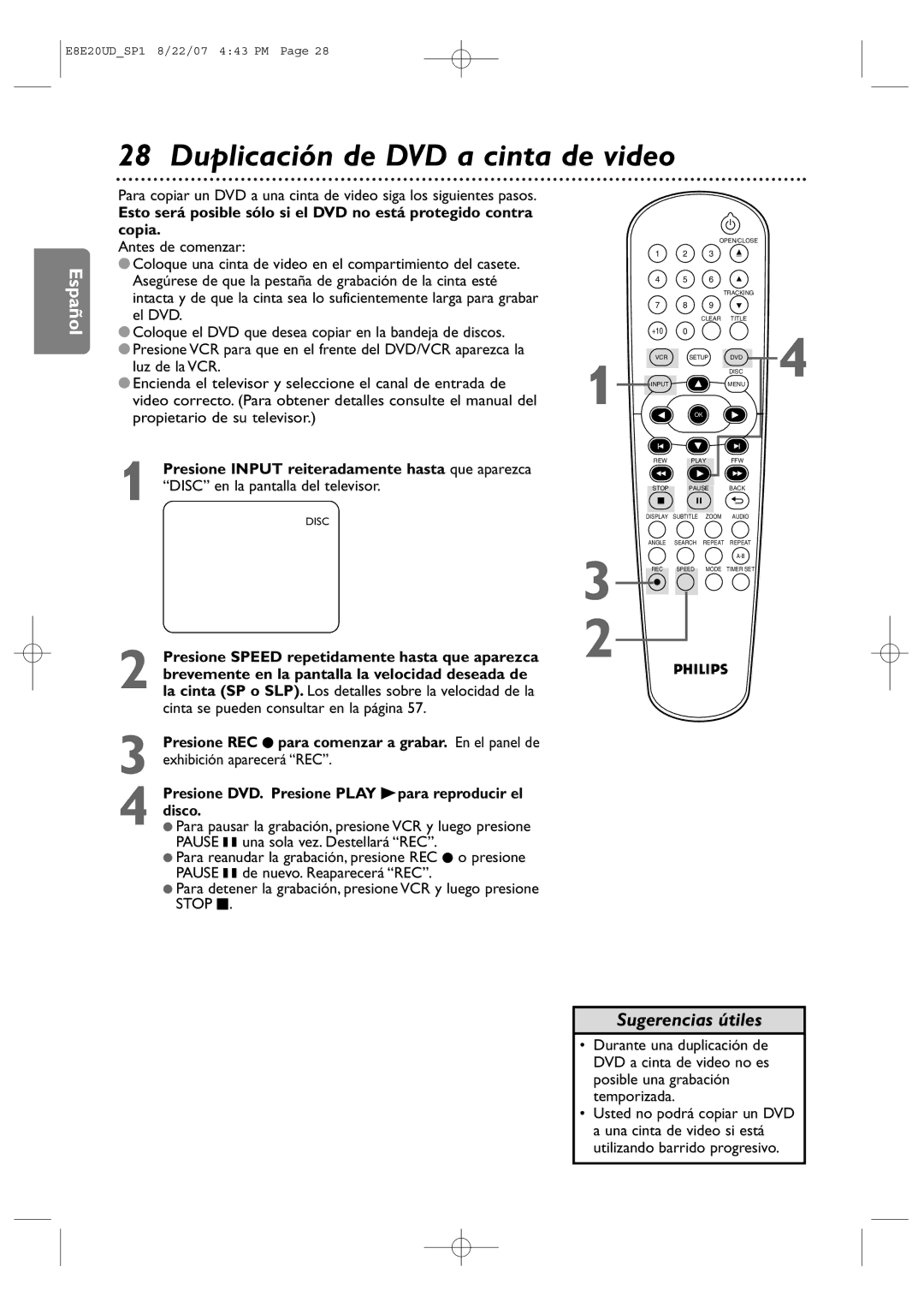 Philips DVP3345V/17 user manual Duplicación de DVD a cinta de video 