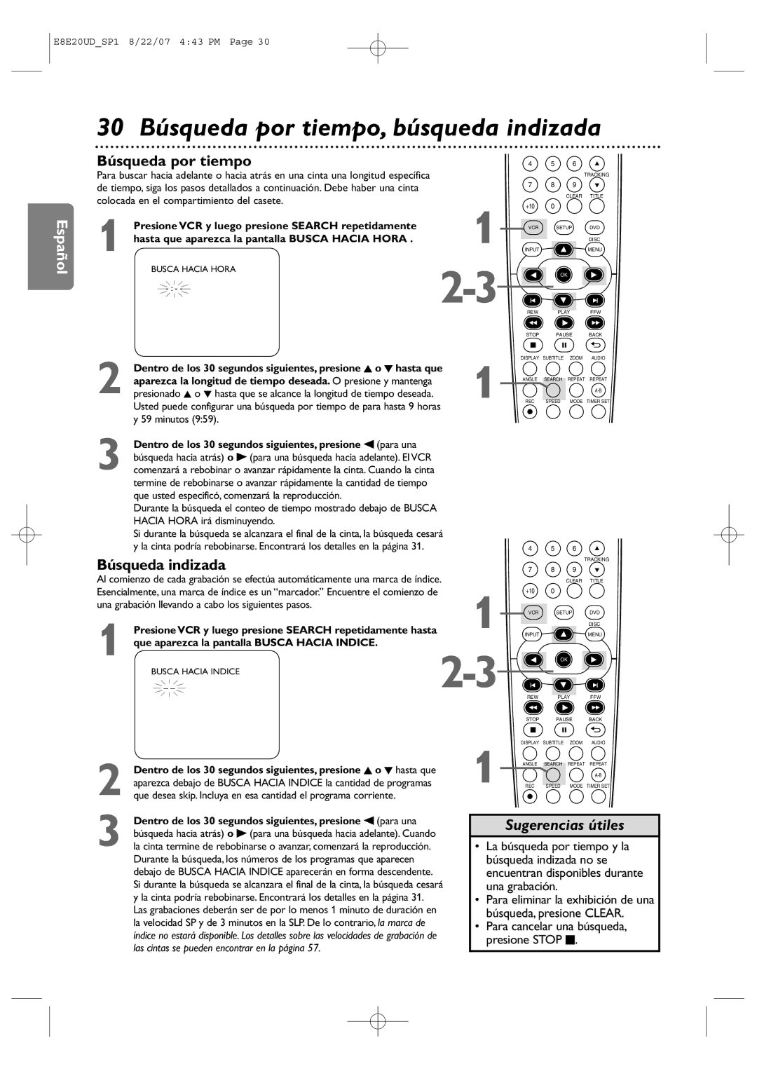 Philips DVP3345V/17 user manual 30 Búsqueda por tiempo, búsqueda indizada, Búsqueda indizada 