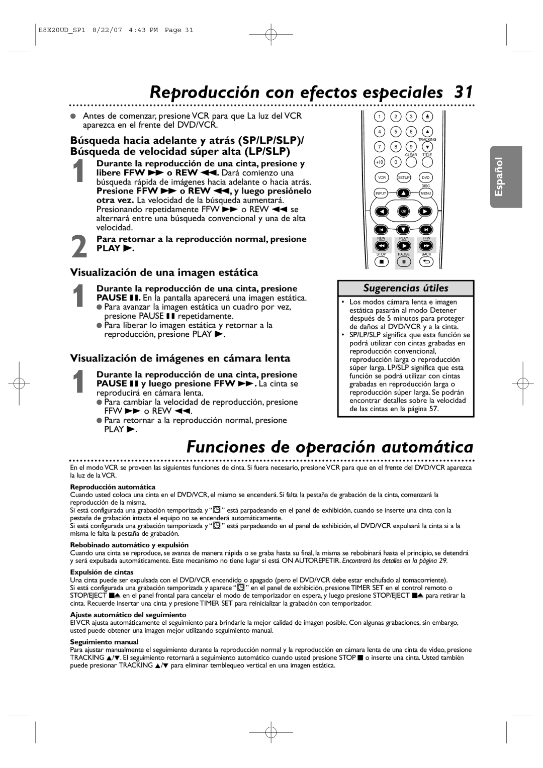 Philips DVP3345V/17 user manual Reproducción con efectos especiales, Funciones de operación automática 