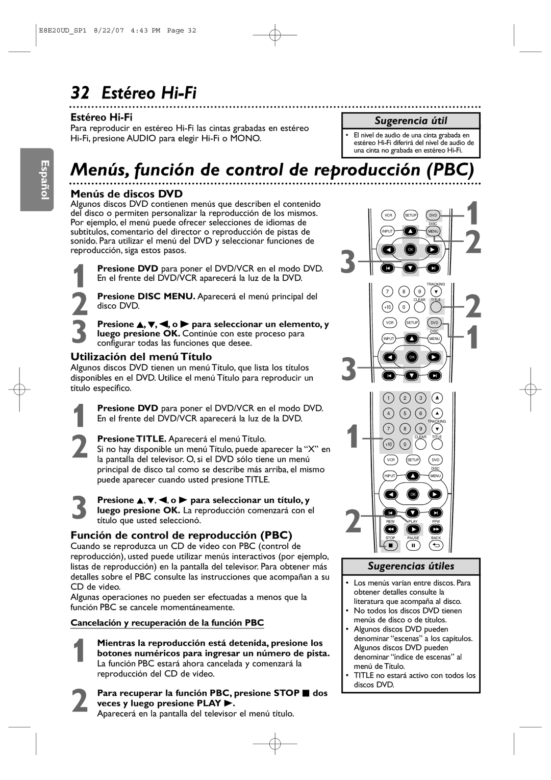 Philips DVP3345V/17 user manual 32 Estéreo Hi-Fi, Menús, función de control de reproducción PBC 