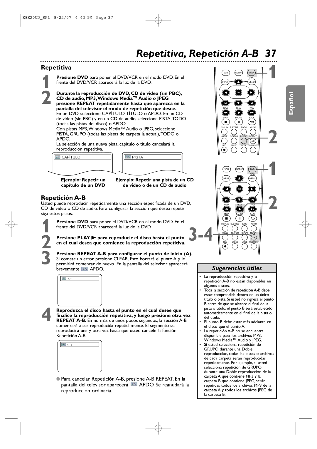 Philips DVP3345V/17 user manual Repetitiva, Repetición A-B, Pantalla del televisor aparecerá APDO. Se reanudará la 