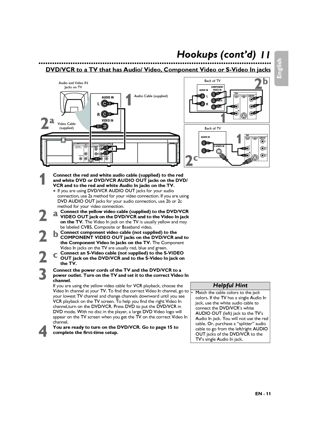 Philips DVP3345VB White DVD or DVD/VCR Audio OUT jacks on the DVD, If you are using DVD/VCR Audio OUT jacks for your audio 