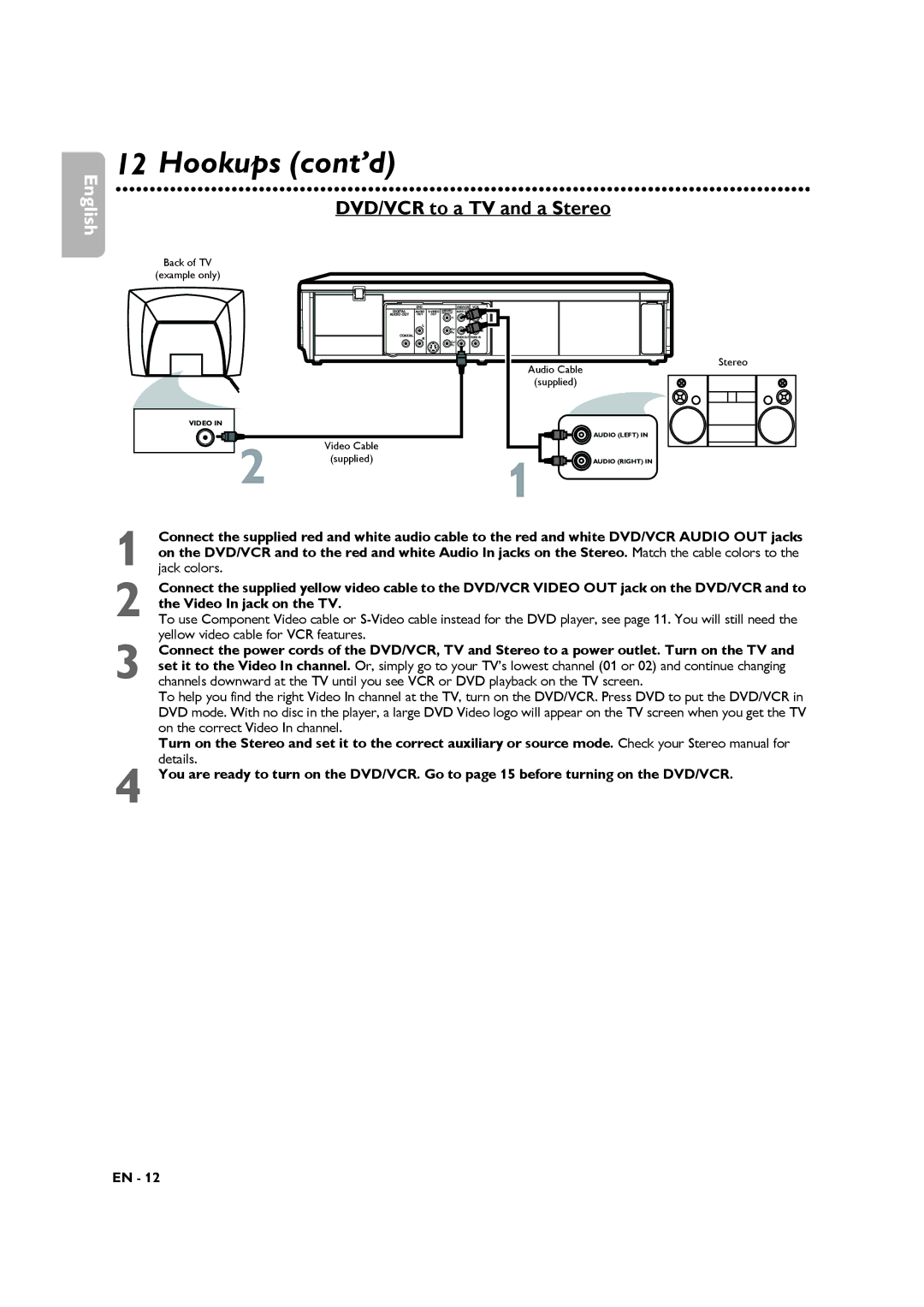 Philips DVP3345VB manuel dutilisation DVD/VCR to a TV and a Stereo, Video In jack on the TV 