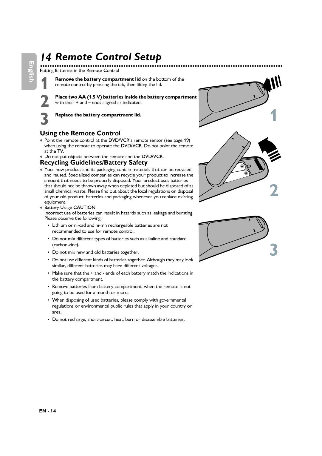 Philips DVP3345VB manuel dutilisation Remote Control Setup, Using the Remote Control, Recycling Guidelines/Battery Safety 