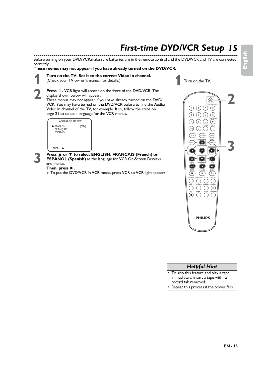 Philips DVP3345VB manuel dutilisation First-time DVD/VCR Setup, Press or to select ENGLISH, Francais French or, Then, press 